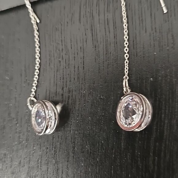 Silver Tone Luxe Pave Linear Earrings Cubic Zirconia Sensitive Ears Nickel Free - Picture 10 of 16